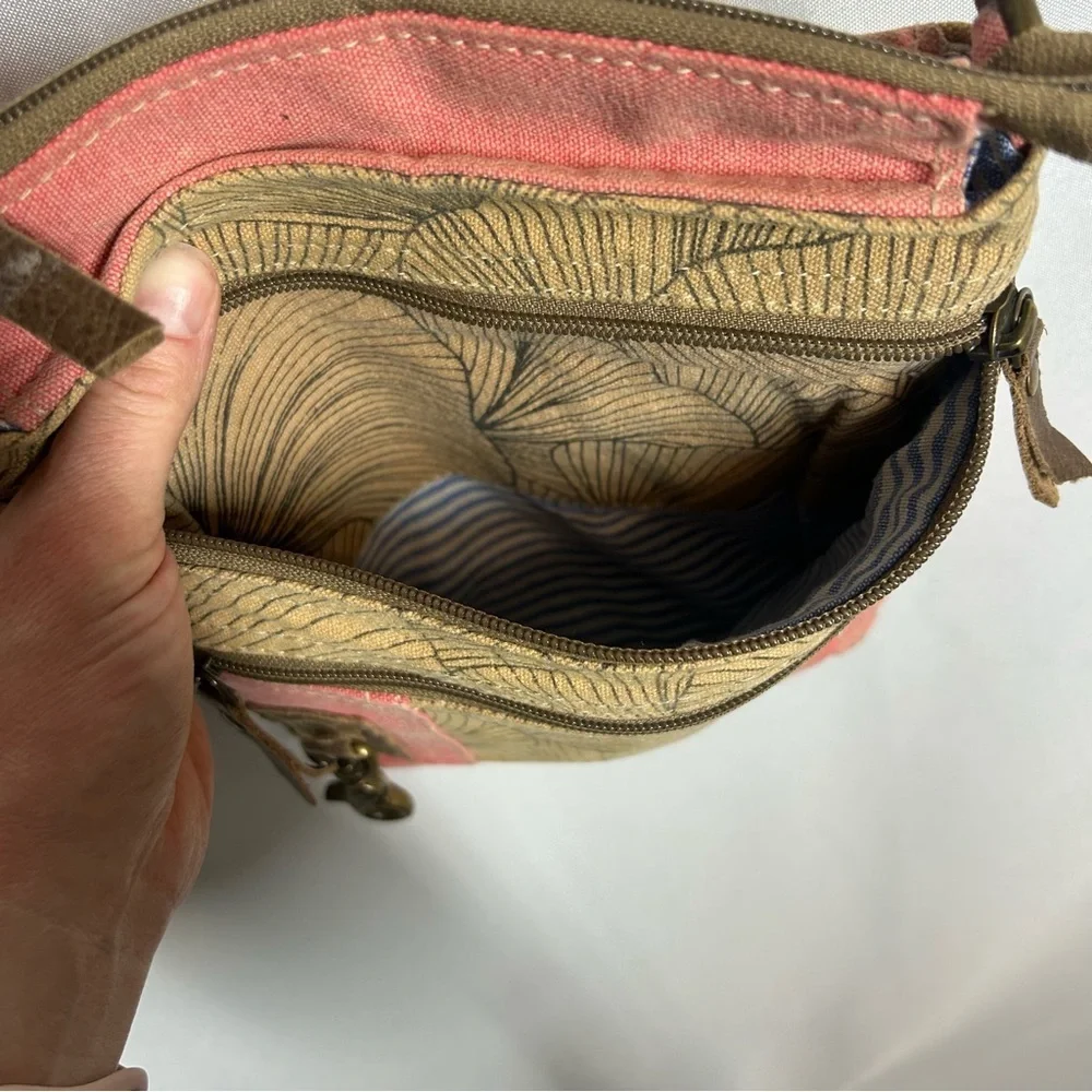 Canvas Crossbody Purse Pink Floral Handbag Tan Zipper Boho